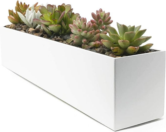 Buhbo Steel Rectangular Planter Box - 16 Inch, White - Modern Trough for Succulents & Small Plants, Indoor/Outdoor Use, Durable Alloy Steel with Drainage