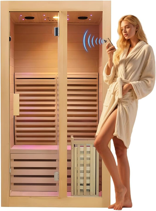 ZONEMEL Wooden Steam Sauna Room, 1 Person Canadian Hemlock Luxurious Indoor Sauna with 3.5 KW Harvia Stove Heater, WiFi Control, Volcanic Rock, Wooden Bucket, Scoop, Reading Light, Hourglass, 220V