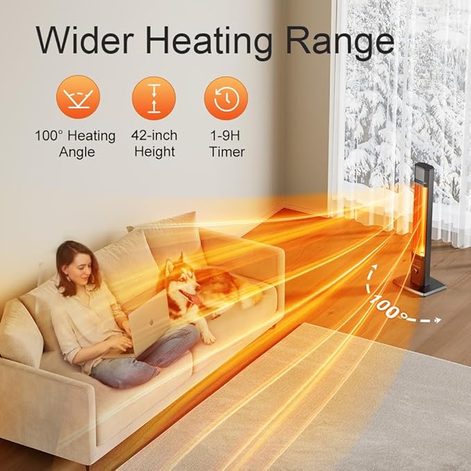 42 INCH Patio Heater, 1500W Outdoor Heater, 9 Heat Levels & 9 Hour Timer, 1S Instant Heat, Infrared Heater with Child Safety Lock, IP65 Waterproof, Tip-Over for Outdoor Indoor Use, Black