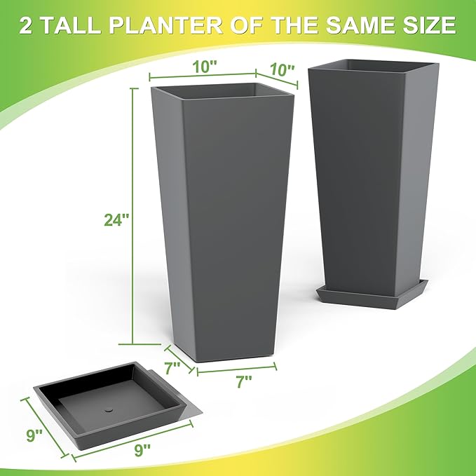 Set of 4 24" Tall Plastic Planters with Trays, Large Tapered Plant Pots for Indoor Outdoor Use, Modern Decorative Planters for Porch, Patio, Garden, and Backyard