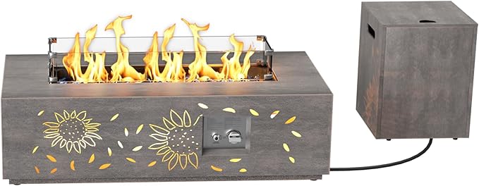 42 inch Propane Fire Pit Table LED, 2 in 1 Rectangular Outdoor Fire Pit with 20lb Tank Cover, Outside Patio Deck and Garden, Gas Fireplace Table with Lid and Stone, 50,000 BTU Adjustable Flame
