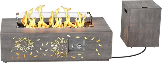 42 inch Propane Fire Pit Table LED, 2 in 1 Rectangular Outdoor Fire Pit with 20lb Tank Cover, Outside Patio Deck and Garden, Gas Fireplace Table with Lid and Stone, 50,000 BTU Adjustable Flame