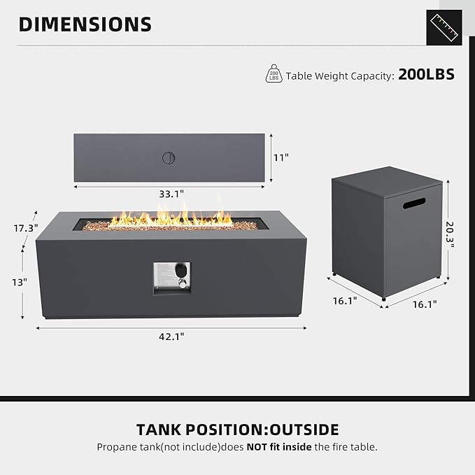 UPHA 42-inch Outdoor Propane Gas Fire Pit Table 50000 BTU Iron Rectangle Firepit for Outside Patio with Tank Hidden Table, Removable Lid, Gold Glass Rocks, Rain Cover, Grey