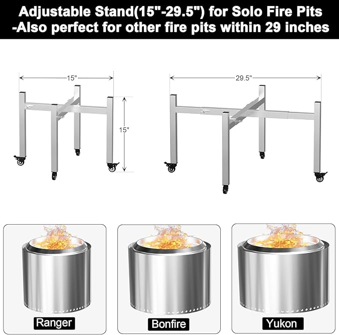 BBQ-PLUS 15-27 inch Universal Firepit Stand with Wheels for Solo Stove Bonfire Yukon Ranger 2.0 and Other 15~27" Outdoor Fire Pits,Adjustable Fireplace Accessory for Camping Outdoor