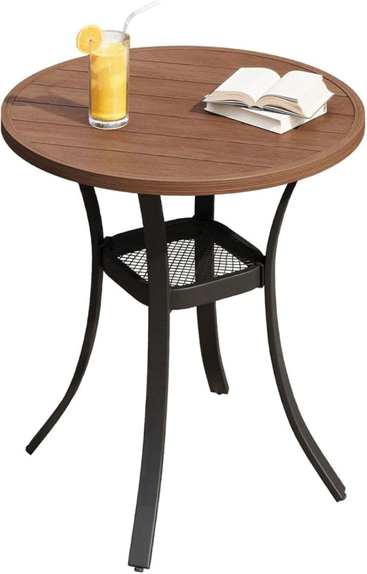 DIFY 27.6" Round Patio Dining Table, Outdoor Bistro Table with Rust Resistant Metal Frame, Ideal for Lawn, Backyard and Deck, Walnut