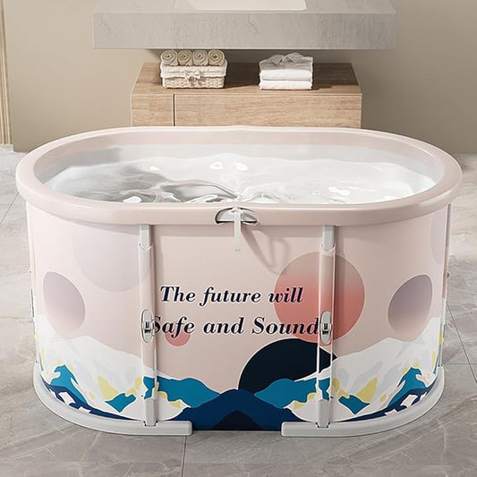 Genrenyen Ice Bath Tub No Installation 39" Oval Portable Bathtub for Shower Stall, Foldable Hot Cold Plunge Tub for Adults, Folding Large Baths at Home Outdoor Indoor (Blue, 39.3"×22.8"×20.8")