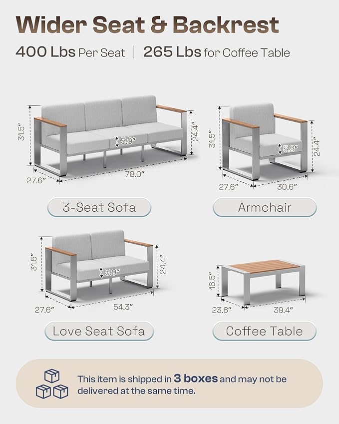 Aluminum Outdoor Patio Furniture,1 Piece 3-Seat Sofa, All-Weather Outside Sofa for Deck, Porch (Teak-Gray)