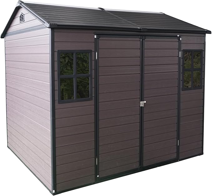 8x6 ft Outdoor Resin Storage Shed with Floor, Waterproof Plastic Garden Shed with Lockable Door and Two Windows, All-Weather Tool Sheds for Backyard, Patio, Lawn (Brown)