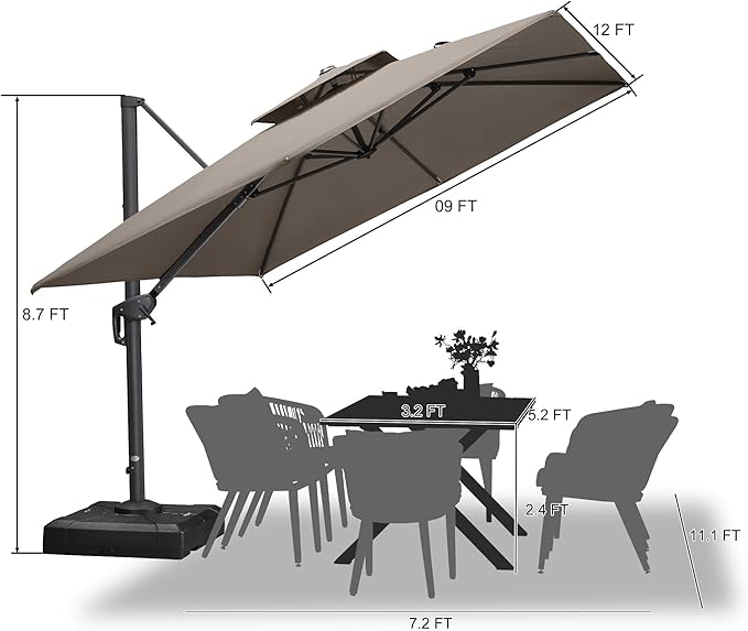 PURPLE LEAF 9' X 12' Double Top Cantilever Patio Umbrella Deluxe Large Outdoor Umbrella Rectangle Offset Umbrella with Fade Resistance for Garden Deck Pool Patio, Ash Mocha