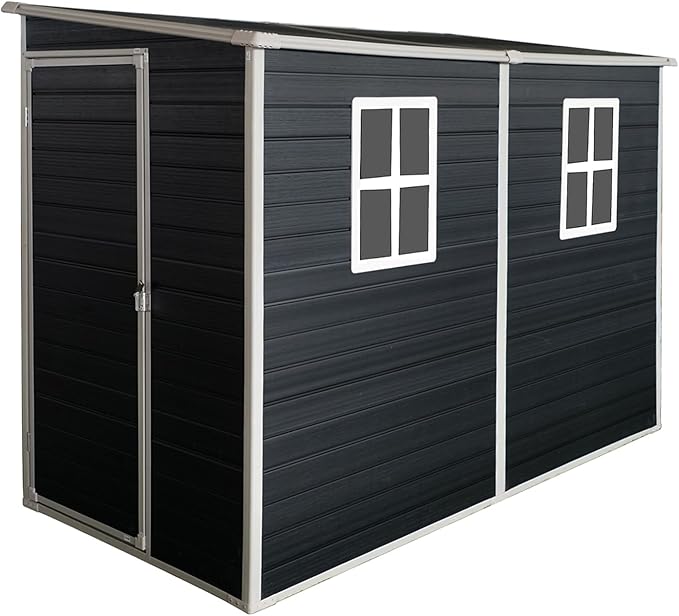 Storage Shed 4x8 ft Outdoor Lean to Resin Shed with Floor and 2 Windows, Lockable Door Plastic Sheds, Waterproof Sheds for Garden Tools, Bicycles, Trash Cans, Lawn Mower, Black