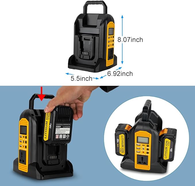 350W Pure Sine Wave Power Inverter for DeWalt 20V & 60V MAX Batteries, Dual-Battery Ports DC 20V/60V to AC 110–120V Inverter with LED Light, AC Outlet, USB-A, Type-C & DC Port (Tool Only)