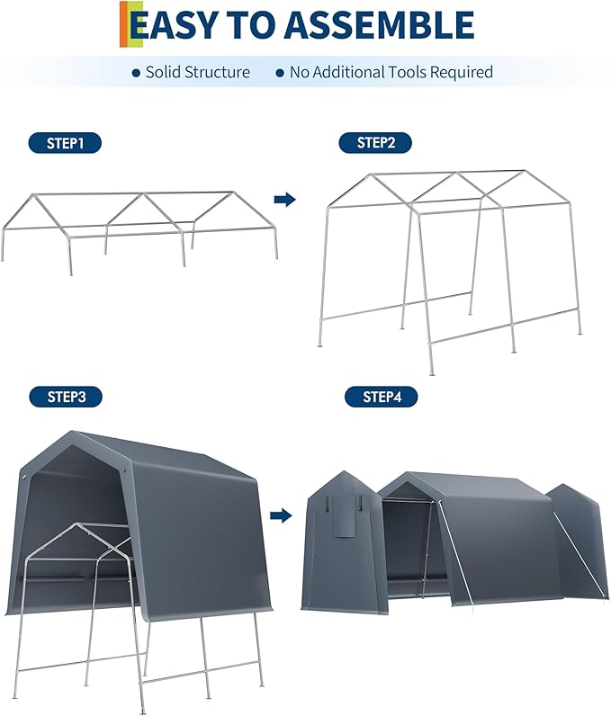 7 X 10 Ft Carport Portable Storage Shed Outdoor Tarp Sheds with Roll-Up Door, Bike Shed Storage Tent for Motorcycle, Garden Tools Gray