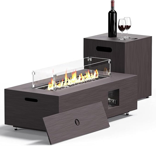 Fire Pit Table 50,000 BTU 42" Rectangular Propane Fire Pit Outdoor with Wind Guard Glass, Lid, Rocks and Cover Gas Fireplace for Deck or Patio