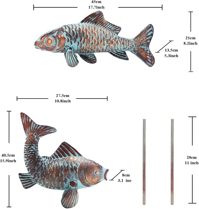 CLYB Metal Koi Fish Sculptures, Outdoor Garden Sculptures & Statues, Antique Copper Koi Pond Decor, Set of 2 Koi Fish Figurines Artwork, Garden Statue for Indoor Outdoor Patio Backyard Home Kitchen