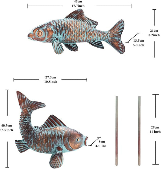 CLYB Metal Koi Fish Sculptures, Outdoor Garden Sculptures & Statues, Antique Copper Koi Pond Decor, Set of 2 Koi Fish Figurines Artwork, Garden Statue for Indoor Outdoor Patio Backyard Home Kitchen