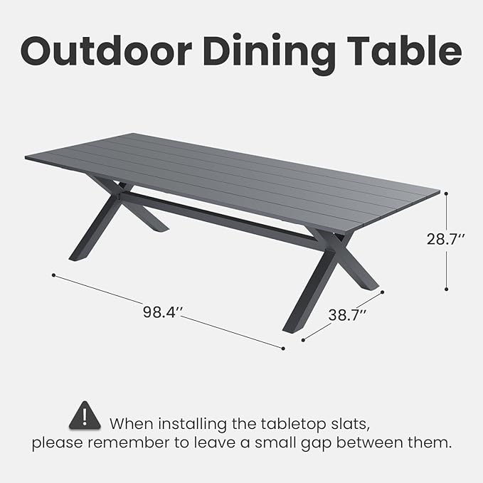 Aeeiua 98" x 38" Outdoor Dining Table, Rectangle Patio Table with Slatted Tabletop for Backyard, Garden, Deck, Poolside