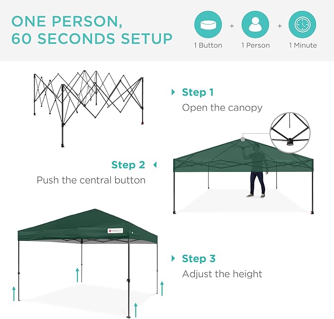 Best Choice Products 8x8ft 1-Person Setup Pop Up Canopy Tent Instant Portable Shelter w/ 1-Button Push, Case, 4 Weight Bags - Dark Green