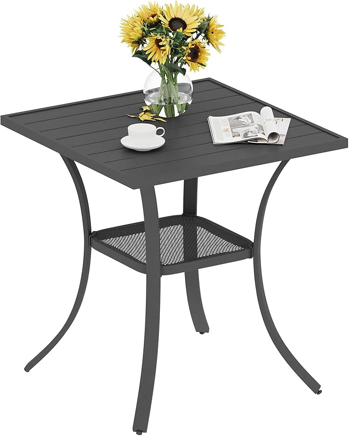 VICLLAX Patio Dining Table, Square Table Metal Outdoor Bistro Table with Rack for Balcony Garden Deck, 28inch Dark Grey