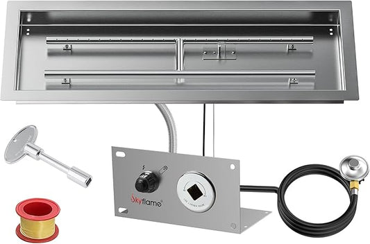 Skyflame 30 x 10 Inch Rectangular Fire Pit Pan Kit, Stainless Steel Drop-in Pan and Burner, Come with Spark Ignition and Propane Hose, Indoor/Outdoor Fire Pit, Fire Table DIY Decorative