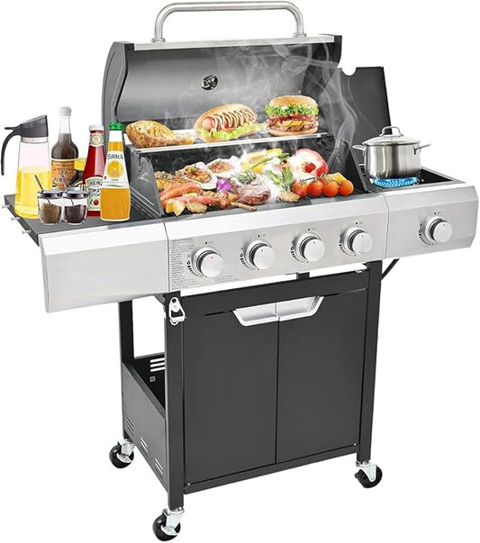 4-Burner Propane Gas BBQ Grill with Side Burner, 51000 BTU Stainless Steel Gas Grill with Rain Cover for Outdoor, Camping, Barbecue Grilling Backyard Cooking (4+1 burner no cover)