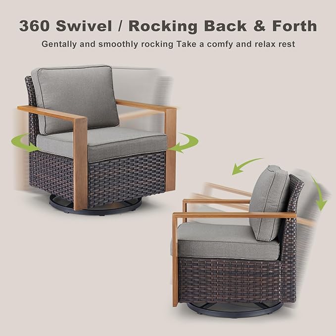 Outdoor Patio Swivel Rocker Chairs - 3 Piece Wicker Patio Furniture Bistro Set with 2 Swivel Rocking Chairs and 1 Metal Side Table,Thick Cushions,Deep Seating for Deck Porch Garden(Brown/Grey)