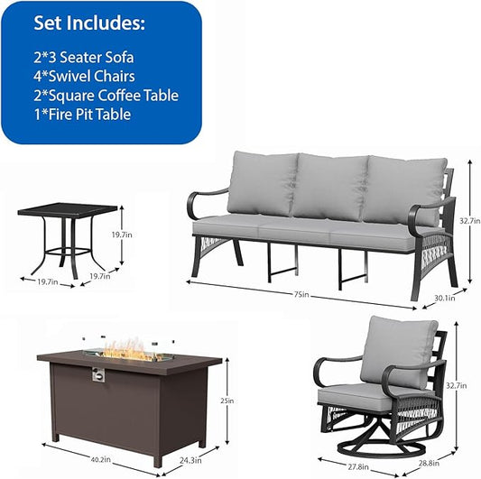 9 Piece Patio Furniture Set, 4 Single Swivel Chairs, Rope Braided Exposed with Thick Cushions, Outdoor All Weather Patio Conversation Sectional Sofa Set for Garden, Porch, Lawn, Grey