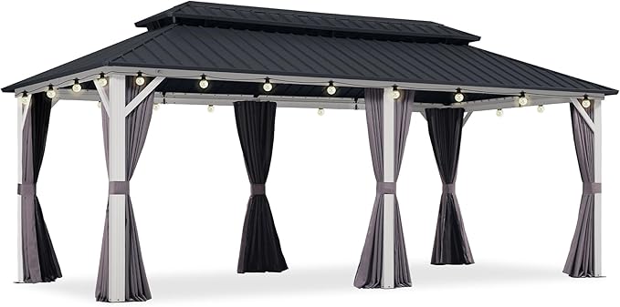 PURPLE LEAF 10' X 20' Outdoor Gazebo Galvanized Steel Double Roof White Aluminum Frame Hardtop Heavy Duty Gazebo with Curtain and Netting for Patio Garden and Backyard, Grey