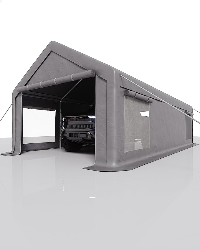 13x25 FT Carport,Heavy-Duty Carport with 4 Roll-Up Windows & Doors, Portable Garage 200g PE Tarp, Waterproof & UV Protected Outdoor Shelter for Car, Boat, Truck, Motorcycle