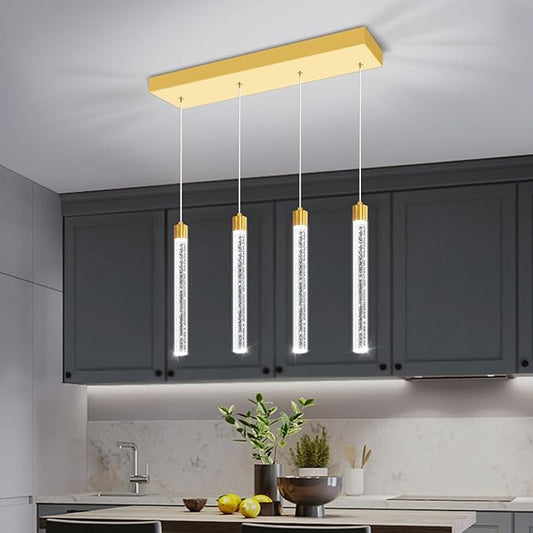 4-Lights Gold Modern Crystal Chandeliers for Dining Room Dimmable LED Adjustable Height Hanging Pendant Light for Kitchen Island,Bedroom,Over Table,Living Room