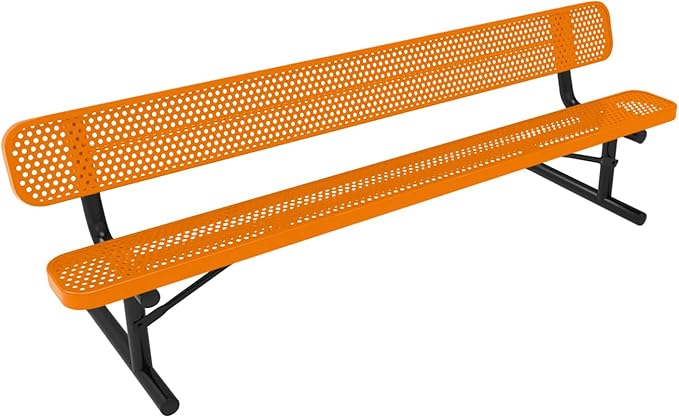 COATEDOUTDOORFURNITURE Heavy-Duty Portable Outdoor Bench Thermoplastic Coated, Punched Steel, Commercial-Grade Seating, Made in America (Portable with Back, 8 Ft, Textured Orange)