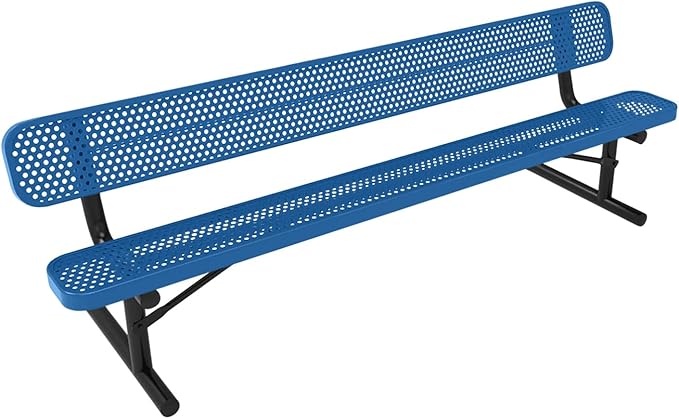 COATEDOUTDOORFURNITURE Heavy-Duty Portable Outdoor Bench Thermoplastic Coated, Punched Steel, Commercial-Grade Seating, Made in America (Portable with Back, 8 Ft, Textured Light Blue)