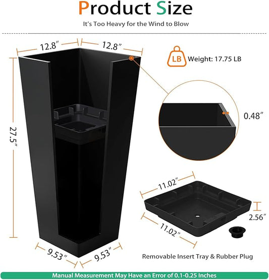 Tall Planters for Outdoor Plants, Large Resin Flower Pots for Garden, Front Porch, Patio, Indoor - Set of 2 (Black, 28 inch - 2 Pack)
