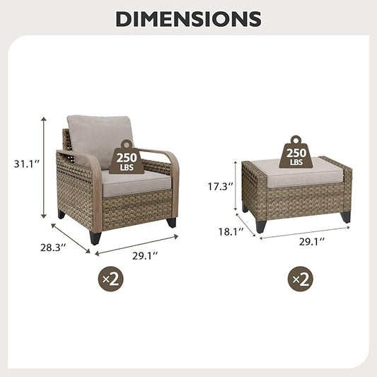 EAGLE PEAK Modern Wicker Outdoor Chair, Patio Chair Curved Armrest, Rattan Patio Furniture for Yard Deck Porch Garden, 2 Chairs 2 Ottomans, 4 Pieces, Brown/Gray