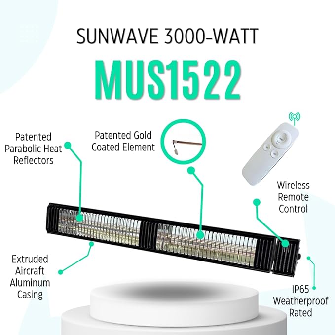 Commercial SunWave 3000 Watt Infrared Patio Heater Tungsten Ultra Quartz Low Glare with Remote control and 3 power levels, 11,028 BTU Max output By Muskoka Lifestyle Products USA (White)