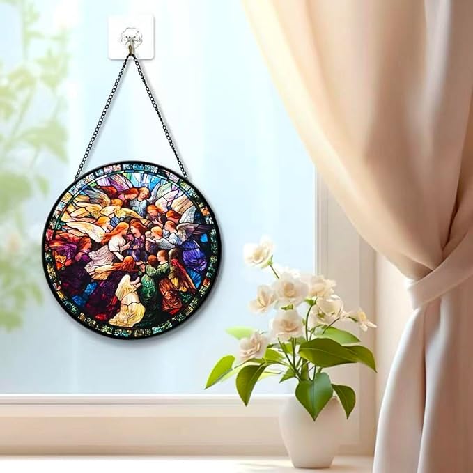 Argodaze Stained Glass Window Hanging - Angel Girl Embraces The World Suncatcher fof Garden Home Decor for Women Mon Grandma Friends