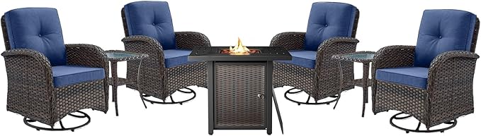 Belord 7-Piece Modern Patio Conversation Set - 4 Swivel Glider Chairs, 2 Side Tables & 30" 50,000 BTU Propane Fire Pit Table