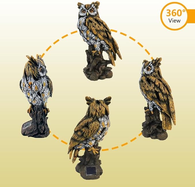 VV-Ladybug Solar Owl Resin Statue Hand - Painted Garden Decor with LED Light, Perched on Tree Stump Figurine for Outdoor Indoor Yard Patio Home Decoration