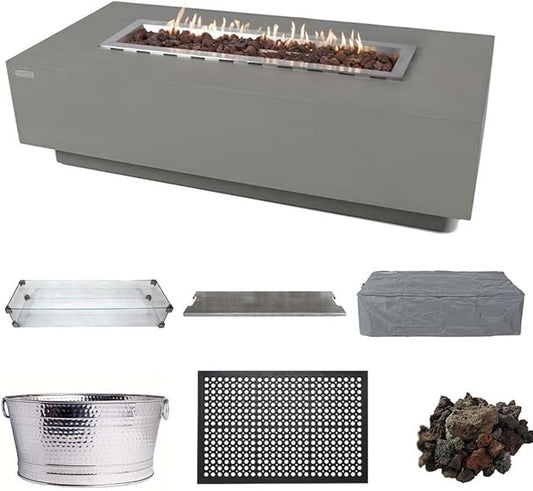 Elementi Granville Fire Pit Bundle Outdoor Firepit Set Includes 60” Natural Gas Concrete Firepit Table, Glass Windscreen, Stainless Steel Cover, Canvas Cover, Floor Mat, and Beverage Tub