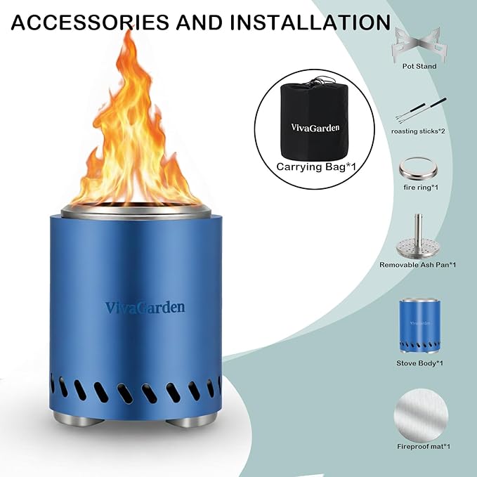 Smokeless Tabletop Fire Pit, VivaGarden Portable Outdoor Fire Pit for Camping, Patio, Backyard, Wood and Pellets Burning Camping Stove with Carry Bag, Forks, Mat and Pot Stand (9.7x7.1 Inch, Blue)