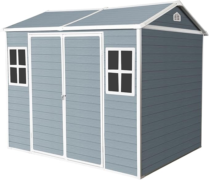 8x6 ft Outdoor Resin Storage Shed with Floor, Waterproof Plastic Garden Shed with Lockable Door and Two Windows, All-Weather Tool Sheds for Backyard, Patio, Lawn (Grey)