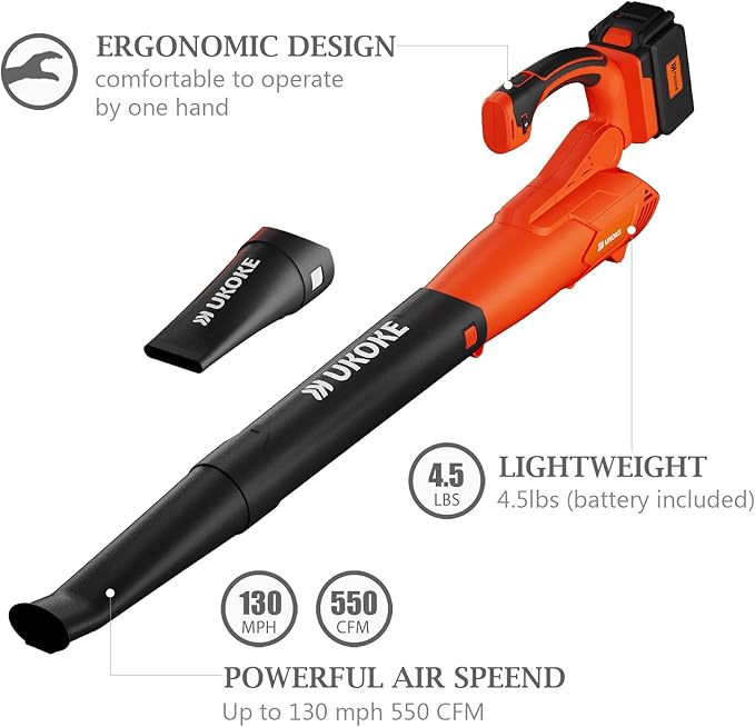 Ukoke Powerful 40V Brushless Cordless Blower (130 MPH / 550 CFM),for Blowing Snow Debris, Leaves, and Dust 2.0Ah Battery and Charger Included, Orange