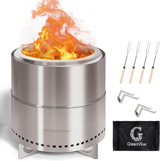 GREENVINES Smokeless-Fire-Pit | 15-Inch | 304 Stainless-Steel-Firepit | Portable Outdoor Pits with Stand for Camping | Bag & Sticks & Holders | Solo Wood Burning Bonfire | Low Smoke Stove