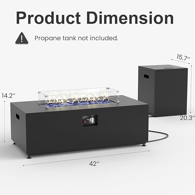 42" Propane Fire Pit Table Set with Tank Holder, Rectangle 2-Piece Outdoor Firepit Wind Guard, Lid, Glass Stones and Cover