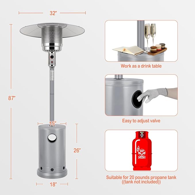 Hykolity 50,000 BTU Propane Patio Heater, Stainless Steel Burner, Triple Protection System, Wheels, Outdoor Heaters for Patio, Garden, Commercial and Residential, Silver