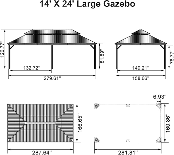 PURPLE LEAF Outdoor Gazebo 14'X24'，Champagne Hardtop Gazebo with Galvanized Steel Double Roof, Permanent Patio Gazebo with Curtains and Netting for Patio Lawn Garden and Deck