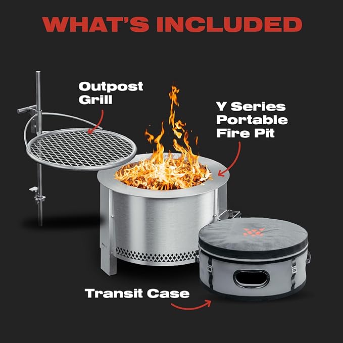 Breeo Smokeless Fire Pit to-Go Bundle (Y Series Stainless Steel, Outpost Grill & to Go Case) | 21 inch Smokeless Firepit for Outside | Ideal for Families, Gifts for Dad