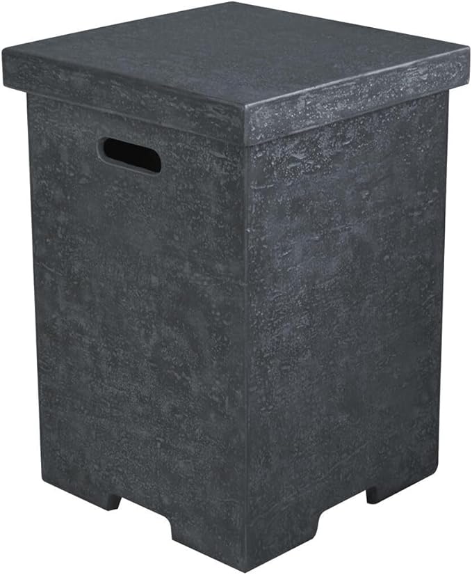 AMS Fireplace | Elementi Tall Dark Grey Square Travertine Propane Tank Cover | Concrete GFRC Base | Dimensions: 17.7 x 17.7 x 24.4 inches | Complement Hampton, and Others Fire Pit Tables Perfectly