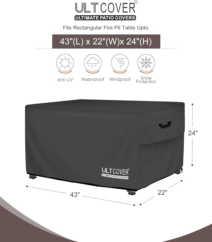 ULTCOVER Rectangular Gas Fire Pit Table Cover 43x22 inch Waterproof Heavy Duty Firepit Cover, Black