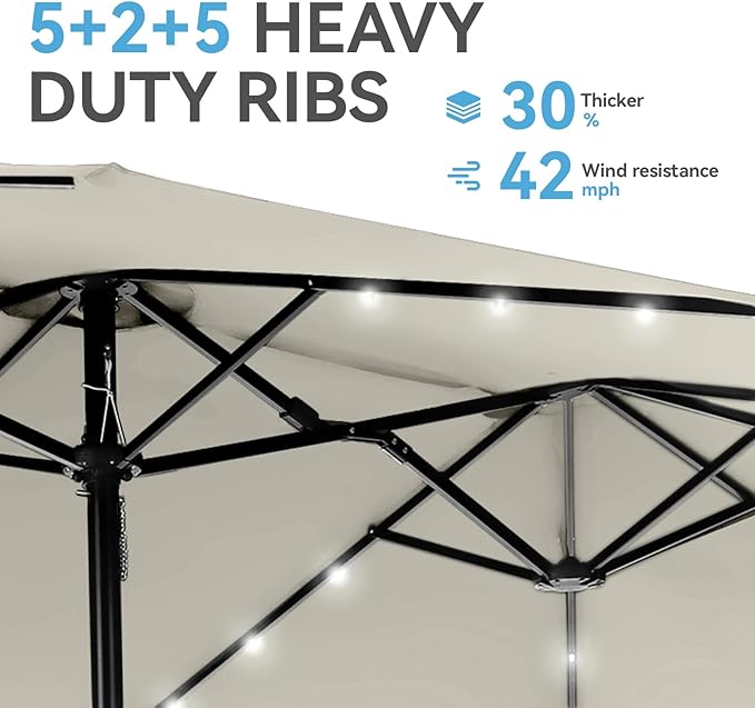 GREEN PARTY 15 ft Rectangle Patio Umbrella with Solar Lights and Base Included, Double-Sided Market Table Umbrella with Crank, Large Outdoor Umbrellas for Patio Poolside Garden Backyard, Ivory