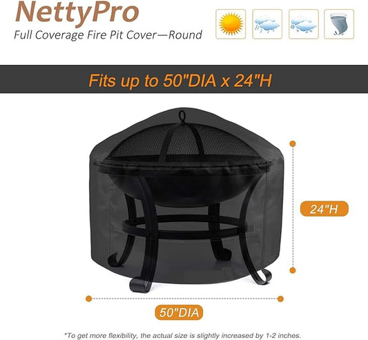 NettyPro Fire Pit Cover Round Waterproof Outdoor Firepit Cover for Gas Propane Fire Pit Table, 50 x 24 inch, Black